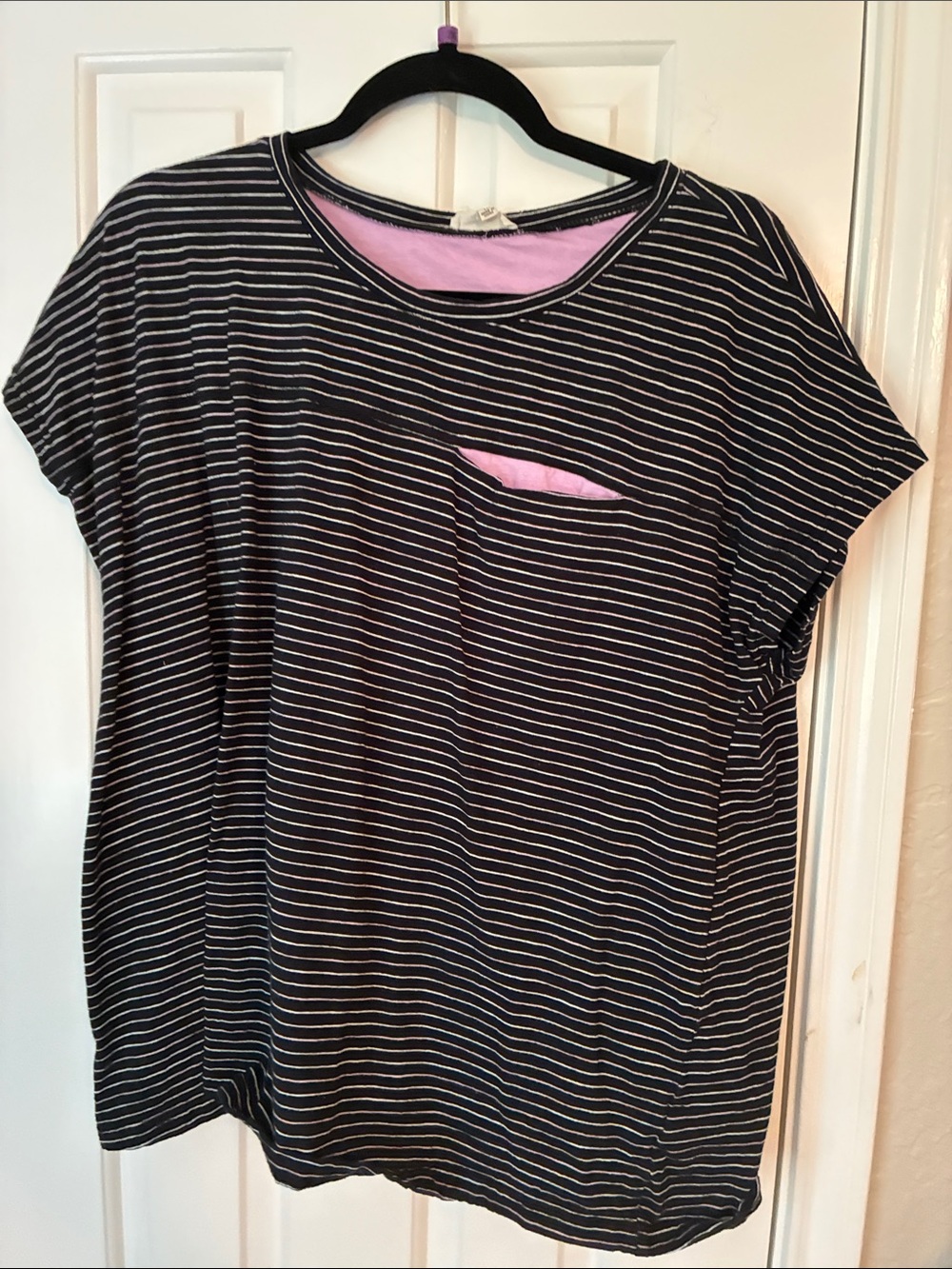 Women's Black & White Striped Short Sleeve Tee with Pink Trim